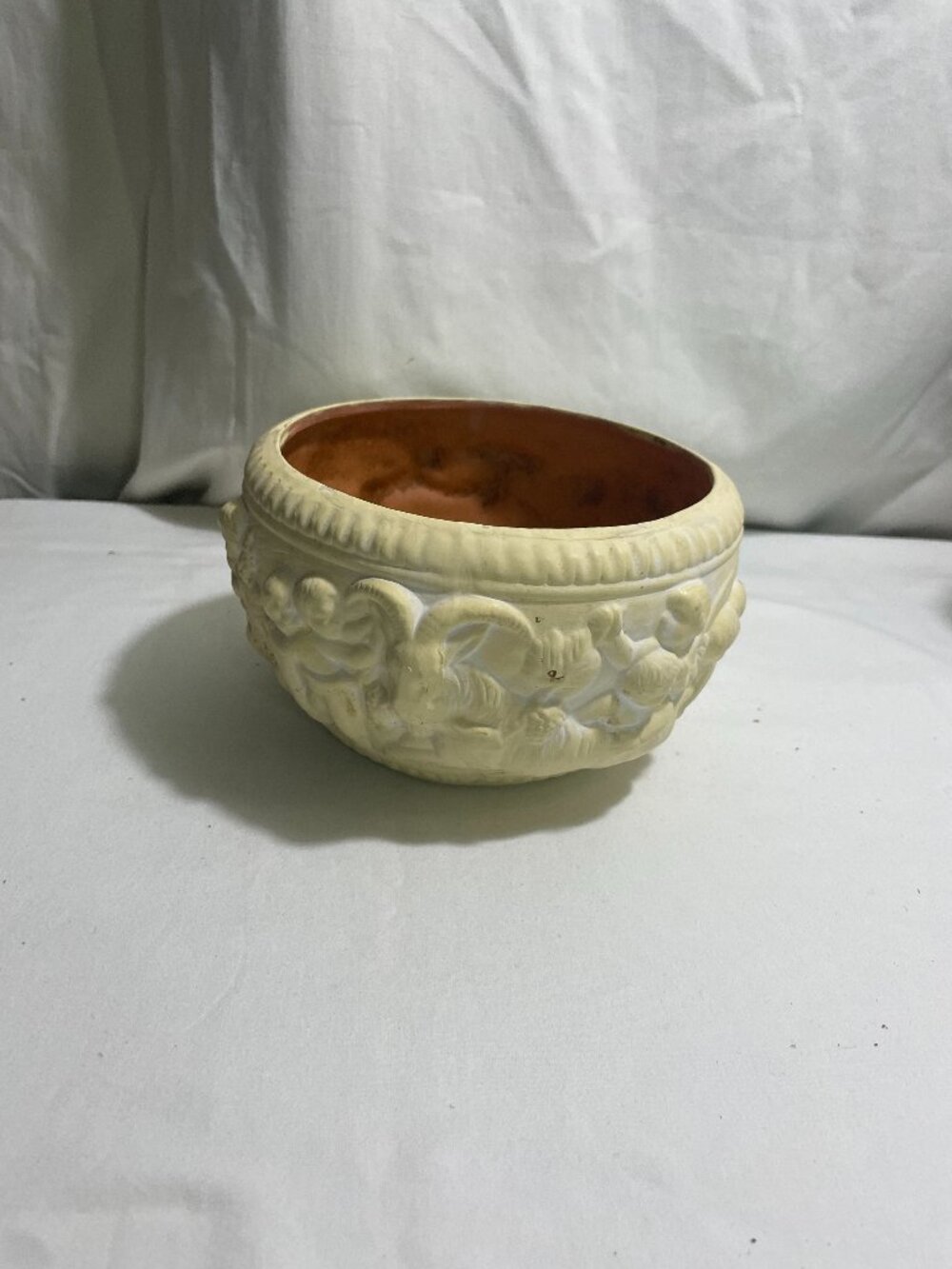 Vintage Roman Garden Planter Cherub Relief Ivory Ceramic Cachepot Bowl 6" Round
